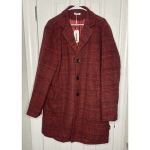 Coofandy Men's Long 3 Button Plaid Coat‎ Red Size XL New
